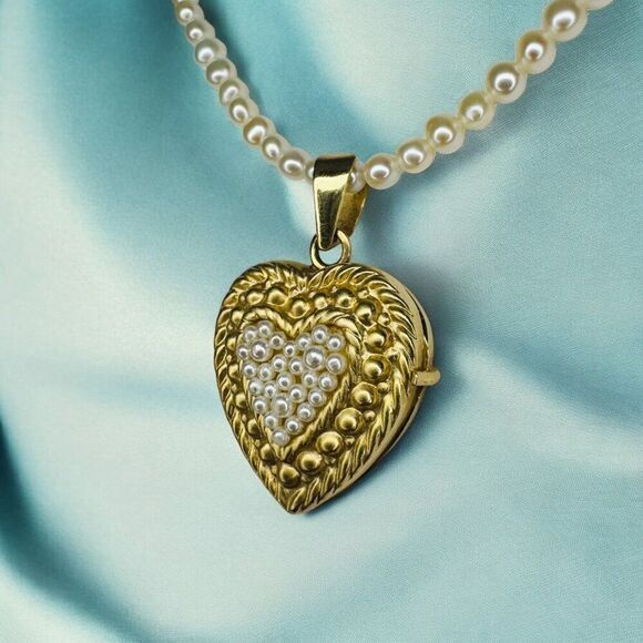 ANTIQUE- 14K Gold- Seed Pearl Heart Locket Necklace -19" -Victorian Era- 12.8g - Picture 5 of 16